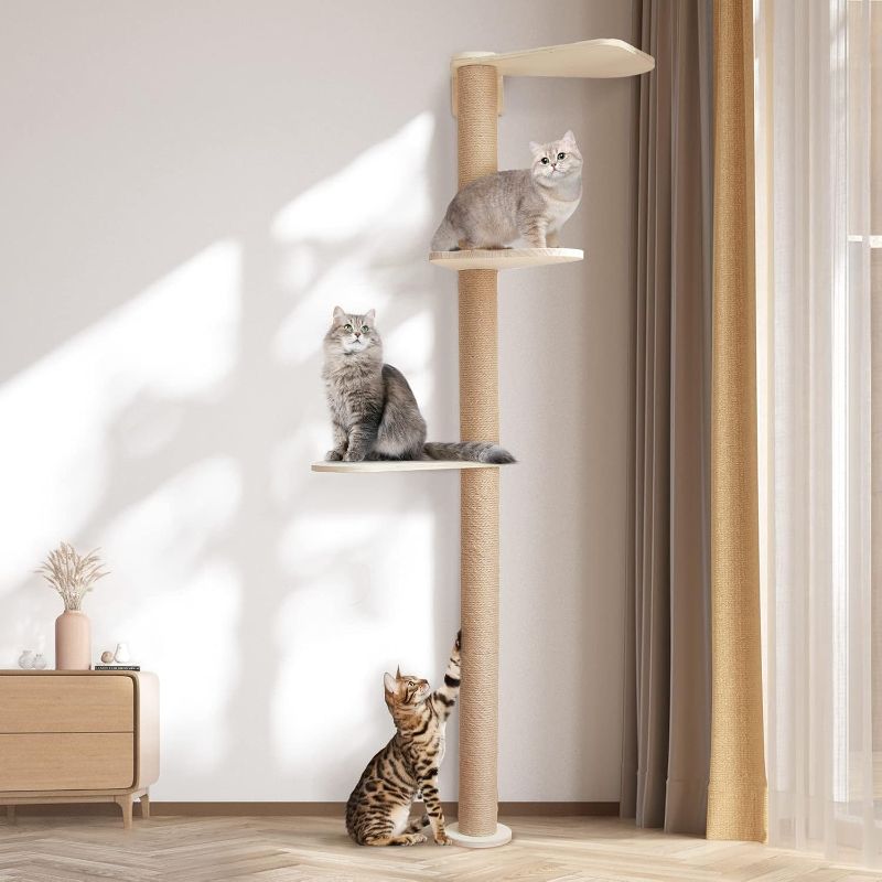 Photo 1 of Wood Cat Tower Floor to Ceiling Adjustable, Tree Tall Cat Scratching Post, Cat Tree with 3-Tier Floor for Climb, Cat Climbing Tower Vertical with Natural Sisal Rope
