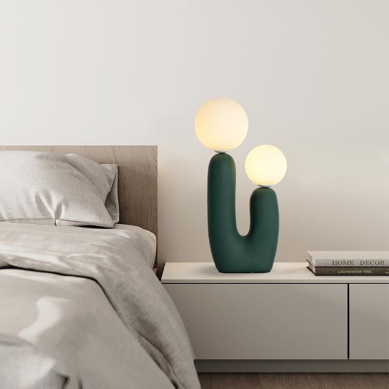 Photo 1 of Modern Green Table Lamp Cactus Shape Resin Dimmable Table Light White Milk Globe Glass Light Fixtures for Living Room Bedroom Children’s Room Cafe Entrance
