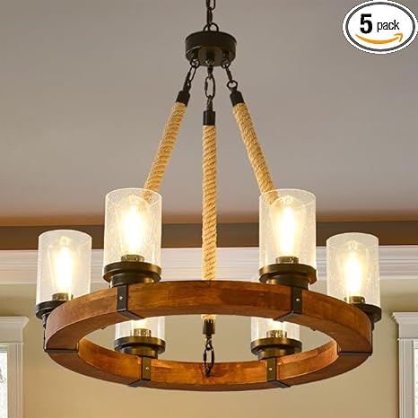 Photo 1 of BRAND NEW**6 Light Round Wagon Wheel Chandelier Farmhouse Rustic Pendant Light Fixture with Seeded Glass Shades,Wood Industrial Hemp Rope Chandelier for Living Room, Dining Room Kitchen Island (Wood-600-6T-UP)
