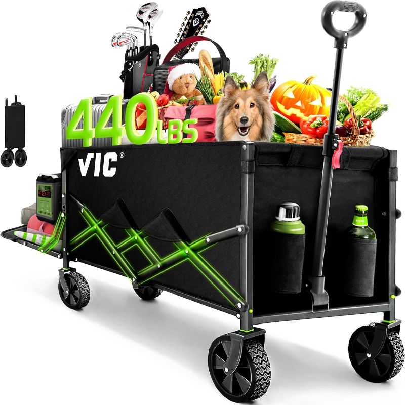 Photo 1 of VIC Collapsible Folding Wagon 180L, Extra Long Extender Wagon Cart,Beach Wagon Cart Heavy Duty 440LBs Foldable, Utility Grocery Wagon with Side Pocket for Camping Garden Sports, V1max
