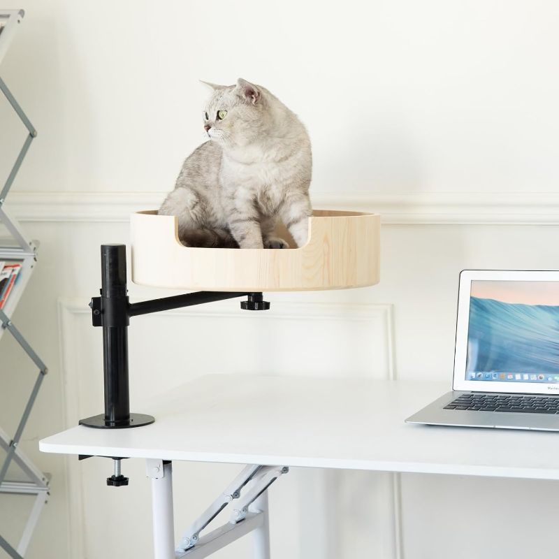 Photo 1 of Desk Cat Bed - The Perfect cat bed for desk for Cats Ideal for Home Offices, Keeps Your Workspace Feline Free,Also Enjoy and take Care of Cats While Focusing on Work,Bring a cat pad (Pine Wood)
