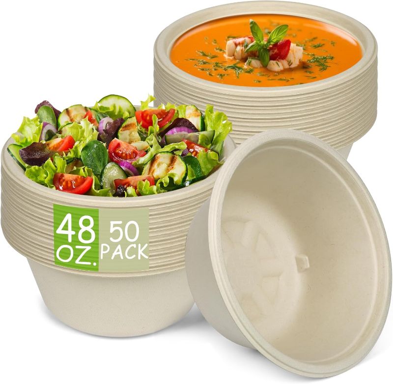 Photo 1 of Paper Bowls, 100% Compostable Disposable Soup/Salad Bowls 48 Oz 50 Pack, PFAS-Free BPI Certified Eco-Friendly Hot/Cold Food Bowls, Natural Brown
