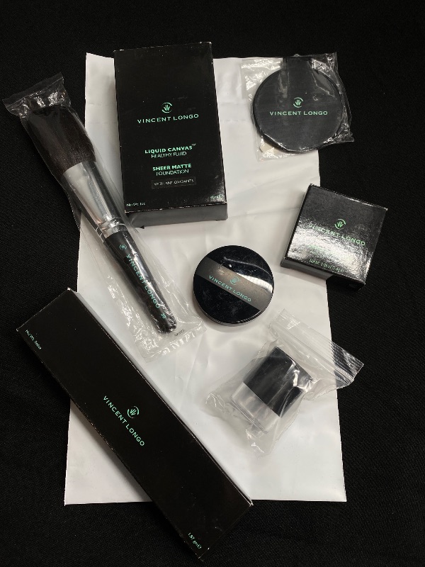 Photo 1 of  Vincent Longo Cosmetics- 1 GOLDEN SIENNA #10 Foundation, 1 Eye Shadow, 1 Cream Amber Concealer, 1 Fair Illumina Concealer Pencil,1 Powder Brush, 1 Compact Mirror,   & 2 Pencil Sharpeners New