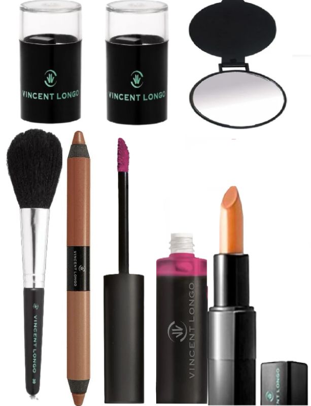 Photo 1 of Vincent Longo Cosmetics- 1 Caramel Illumina Concealer Pencil, 1 Wet Pearl Lipstick, 1 Lip/Cheek Gel Stain(Baby Boo) 1 Powder Brush, 1 Compact Mirror & 2 Pencil Sharpeners New