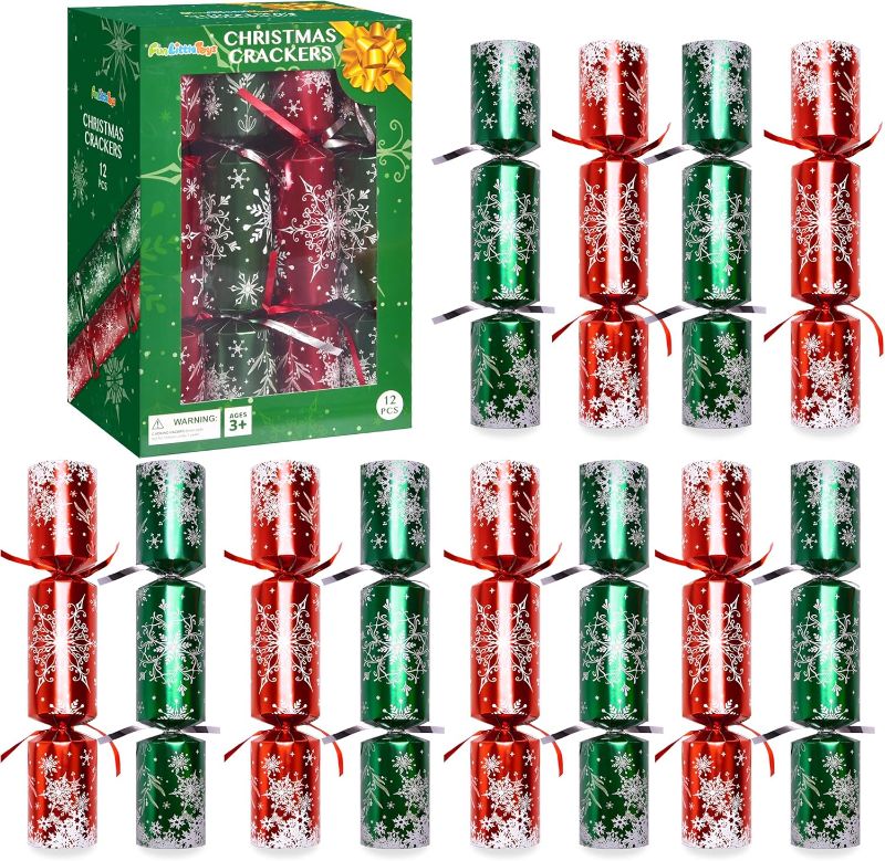 Photo 1 of Christmas Crackers, 18 Pack Valentines No Snap Party Favors with Party Hat, Joke & Little Gift Inside for Christmas Thanksgiving Seasonal Holiday Dinner Traditions (Red and Green)
