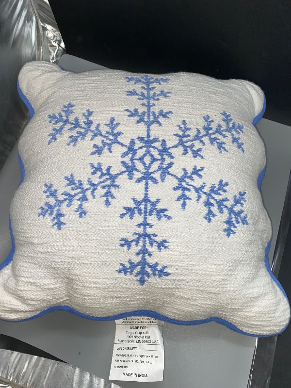 Photo 2 of LIKE NEW** Woven Snowflake Square Throw Pillow with Scalloped Trim Blue/Ivory - Threshold ?: Cotton Jacquard, Christmas Decor, 18"x18"