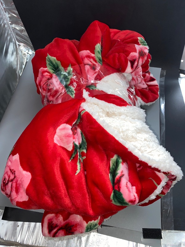 Photo 2 of LIKE NEW** Rose Printed Plush Throw with Faux Shearling Reverse and Ruffled Trim Red - Threshold