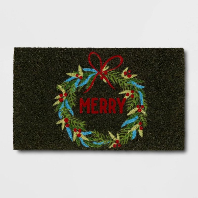 Photo 1 of 1'6"x2'6" Christmas 'Merry' Wreath Flocked Coir Doormat Red/Green - Wondershop™: Outdoor Botanical Rectangle Rug
