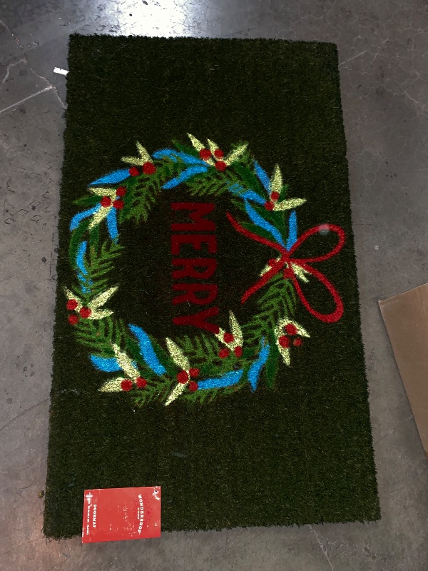 Photo 2 of 1'6"x2'6" Christmas 'Merry' Wreath Flocked Coir Doormat Red/Green - Wondershop™: Outdoor Botanical Rectangle Rug
