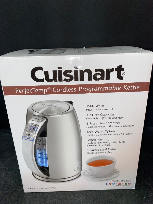 Photo 3 of NEW**Cuisinart 1.7L Perfectemp Programmable Stainless Steel Electric Kettle Light Silver CPK-17P1: Adjustable Temp, Cordless, 360° Base