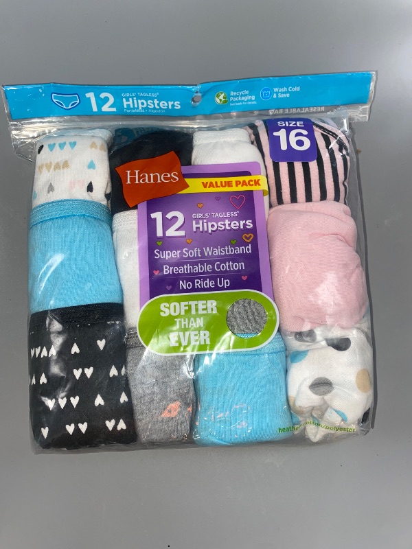 Photo 2 of SIZE 16- Hanes Girls' Tagless Hipster Underwear, 12-Pack Assorted 