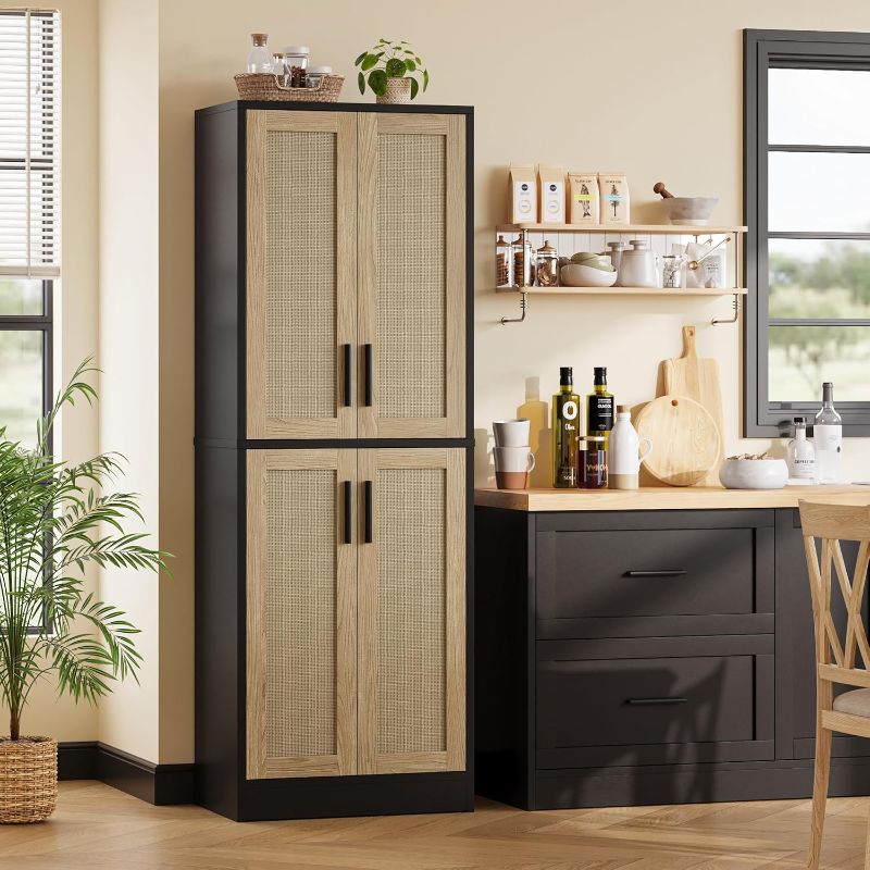 Photo 1 of HEAVY** BRAND NEW* Pantry - Rattan Kitchen Pantry Cabinet with 4 Doors and Adjustable Shelves, Tall Black Freestanding Storage Cupboard for Dining Room, Living Room, Laundry, Bathroom
