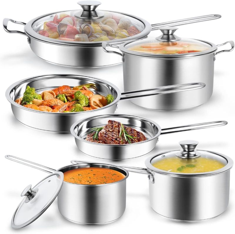 Photo 1 of 10-Piece Pots and Pans Set, Stainless Steel Cookware Set- Includes Ergonomic Handle Saucepans, Skillets, Dutch Oven, Stockpot, Steamer & More - Premium Pots and Pans for Home Chefs
