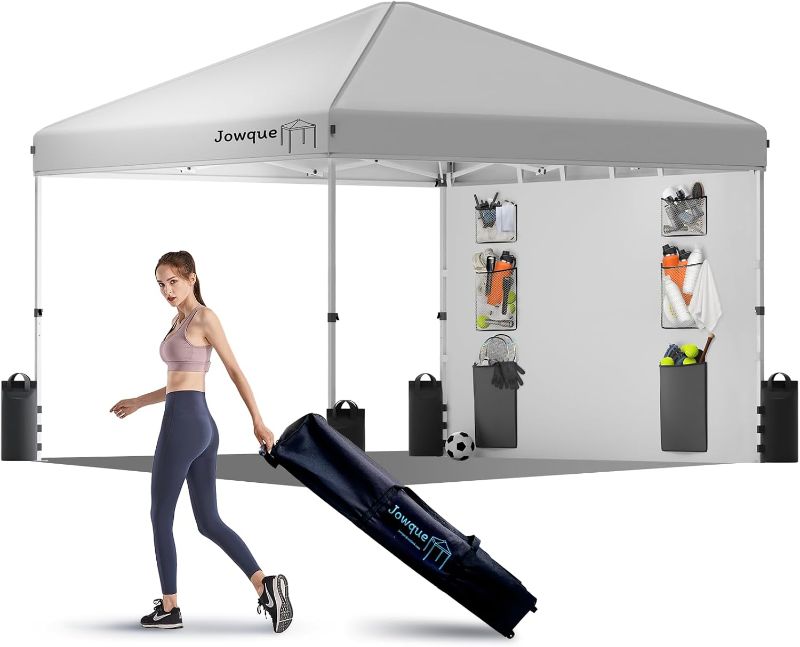 Photo 1 of 10x10 Pop Up Canopy w/Side Wall, 6 Pockets, 210D Waterproof/UV Proof Silver Coated, Outdoor Easy Up Canopy w/Wheeled Carry Bag, 4 Ropes, 4 Weight Bags, Silver White
