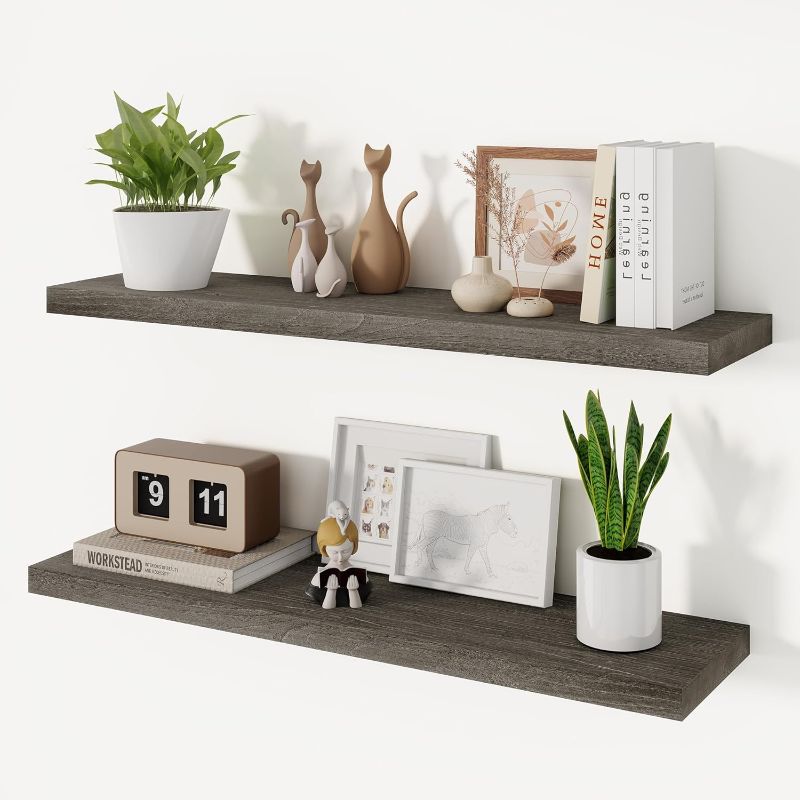 Photo 1 of Grey Floating Shelves for Wall, Wall Mounted for Kitchen, Bedroom, Bathroom Storage Over Toilet, Wall Shelves with Invisible Bracket,Hanging Book Shelf for Wall Home Decor Living Room,2 Pack,Elm Wood
