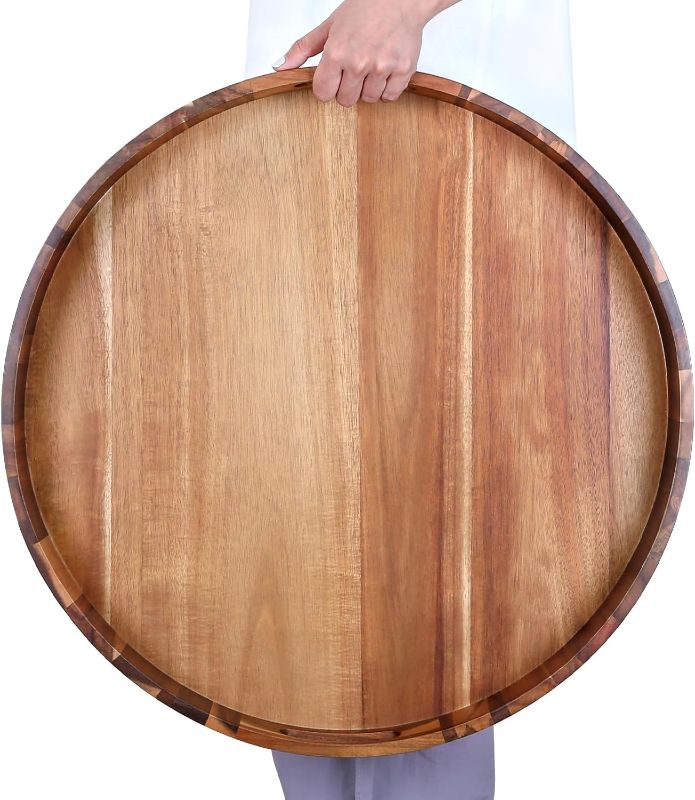 Photo 1 of Extra Large 20INCH Premium Acacia Wood Tray Round Ottoman Tray with Handles Wooden Serving Tray Multi-Use for Dinner Breakfast in Bed Coffee Table Snack Entertaining Guests
