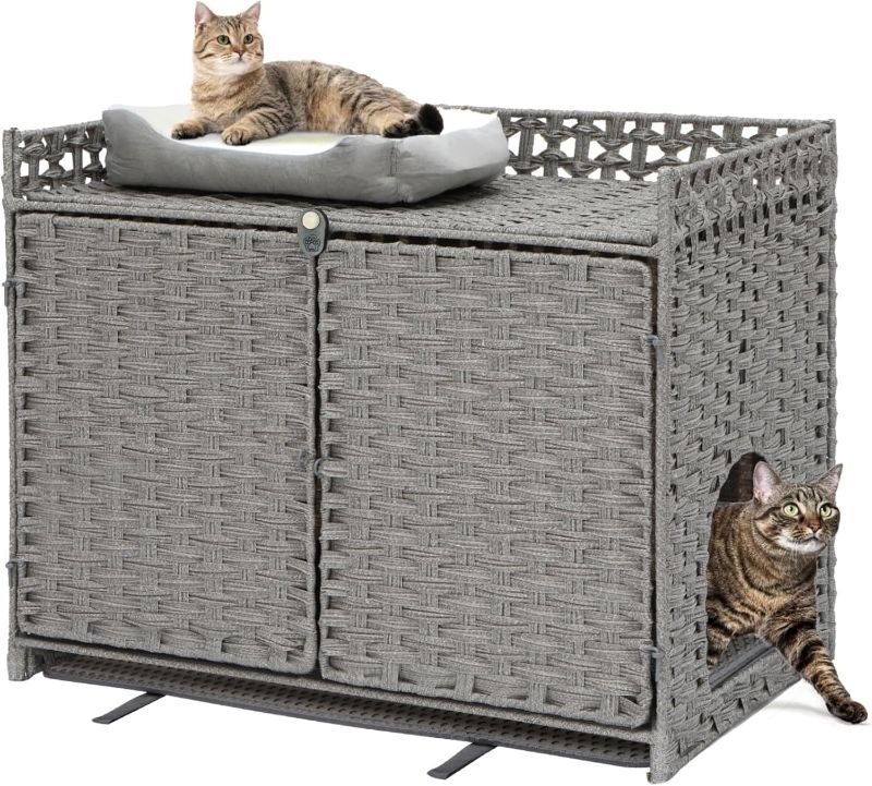 Photo 1 of Cat Litter Box Enclosure and Hall Table, Handwoven Rattan Cat Litter Box Hider Furniture with 2 Litter Mats, Three-Sided Fenced Top, Large 30.3”L x 18.2”W x 24.2”H, Gray
