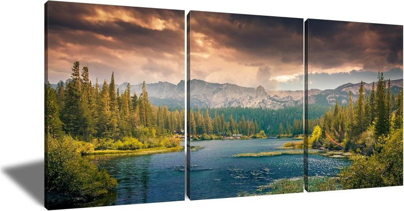 Photo 1 of Lake Poster Wall Art Wall Decor Lake Mountain Forest Nature Park Landscape Picture Print on Canvas 3 Pieces Painting Artwork for Modern Home Living Room Workplace Stretched and Framed [60''Wx28''H]
