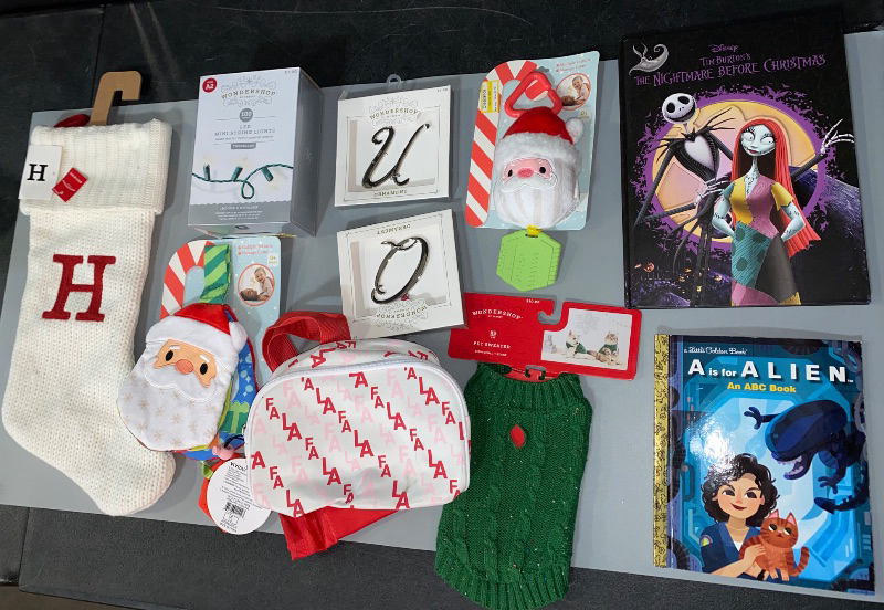 Photo 2 of LOT OF 10 MISCELLANEOUS ITEMS. 2-BookS, Dog/Cat Small Sweater Knit, 2 Baby Teethers, Knit Monogram Christmas Stocking, 2- Tree Ornament Letter Q&U, Super Bright LED Christmas Lights & Waist Pouch. 
