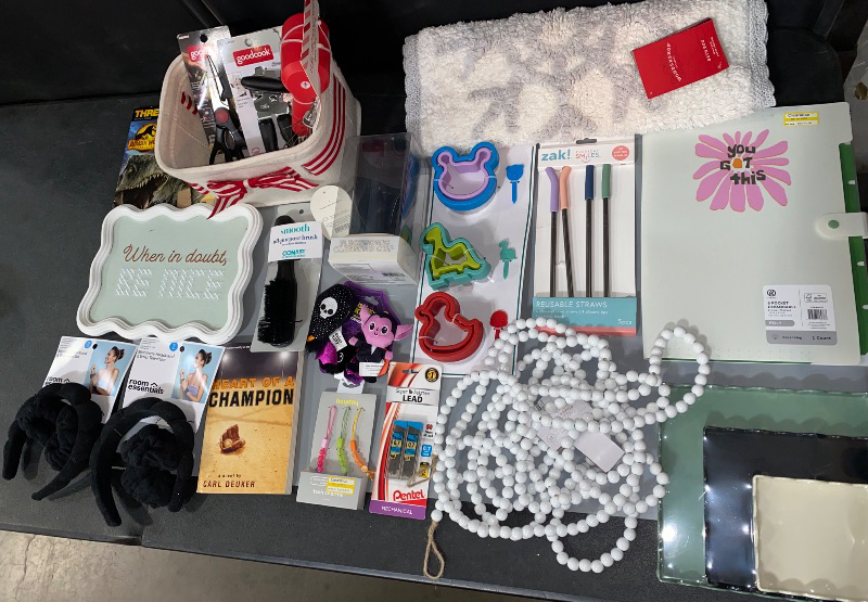 Photo 1 of MIX LOT OF 20 MISCELLANEOUS ITEMS. 18' Wood Bead Garland, Snowflake Bath Rug, 5pk Straw Cleaner Set, 9Pc Sandwich Cutter, Cell Phone Charms 3pk, Electronic Cleaning Cup, Cat Toy, 0.7MM Mechanical Pencil Lead Refill, Conair Styling Brush, 2-Headband & Wris