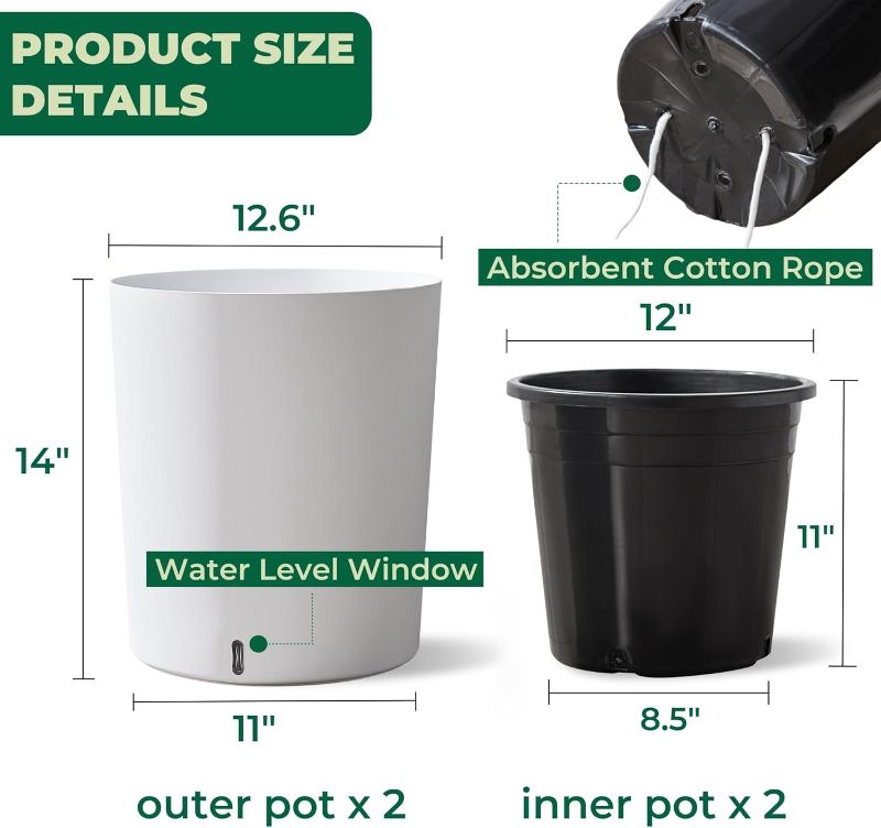 Photo 1 of 2-Pack 14" H Round Self Watering Planter with Inside Pots and Wheels, Visible Water Level Storage Flowerpot. Plastic Plant Pots for Home Garden, Front Porch Patio Deck. (White)
