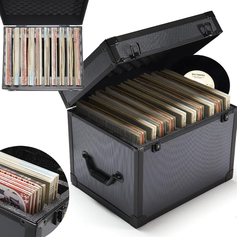 Photo 1 of Vinyl Record Storage Case Box Holds 100 Records | High-Density Protective Foam | Record Storage Crate with Lid & 3 Handles | Valuable LP Albums Organizer Cases Collection Records 7/10/12 Inch
