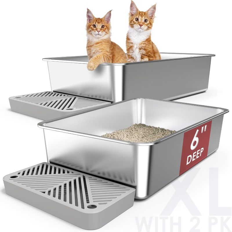 Photo 1 of 2 Pack 23.6" x 15.7" x 6" Deep & Extra Large Stainless Steel Cat Litter Boxes, High Sides Metal Cat Litter Box for Multi-Cats Big Cats XL Metal Litter Pan Tray, Non-Sticky, Easy Cleaning
