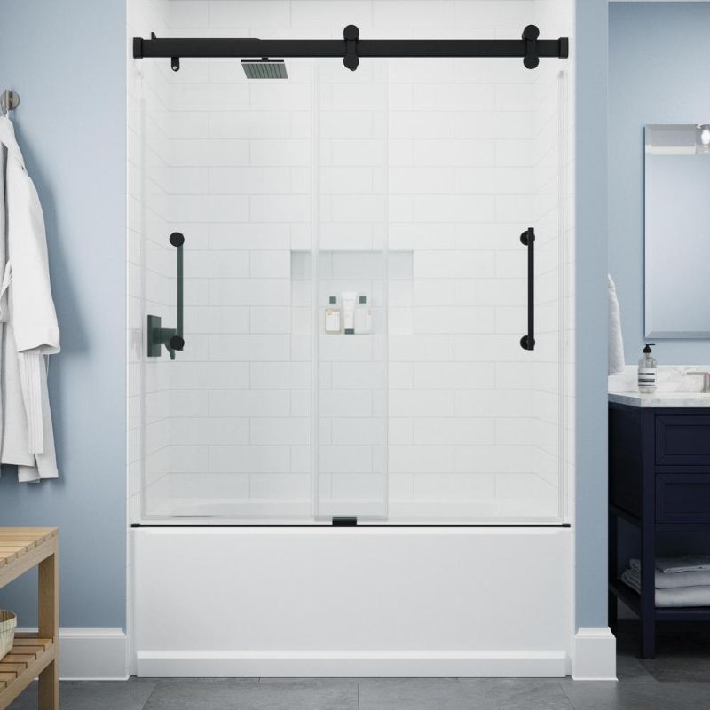 Photo 1 of Paxos 60 in. W X 62-1/4 in. H Frameless Sliding Bathtub Door in Matte Black with 5/16 in. (8mm) Tempered Clear Glass
