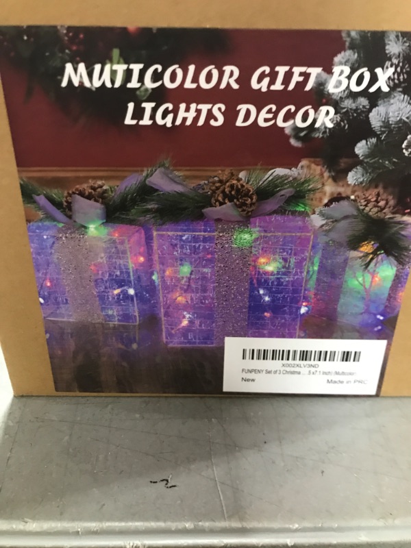 Photo 2 of FUNPENY Set of 3 Christmas Lighted Gift Boxes, Plug in 60 LED Light Up Tinsel Present Box Decorations for Outdoor Indoor Christmas Tree, Yard, Home Decor (Max. Size 7.5 x 7.5 x7.1 Inch) (Multicolor)