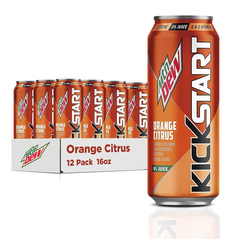 Photo 1 of  Mountain Dew Kickstart, Orange Citrus, 92mg Caffeine, Vitamins B & C, 80 Calories, 5% Juice, 16 Fl Oz (Pack of 12) BEST BY 15 JAN 2025