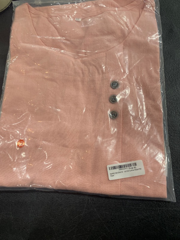 Photo 1 of Apvirdy Linen Shirts for Women Loose Cotton Linen Tops Crew Neck Roll Up Short Sleeve 2024 Summer Blouse Pink XL