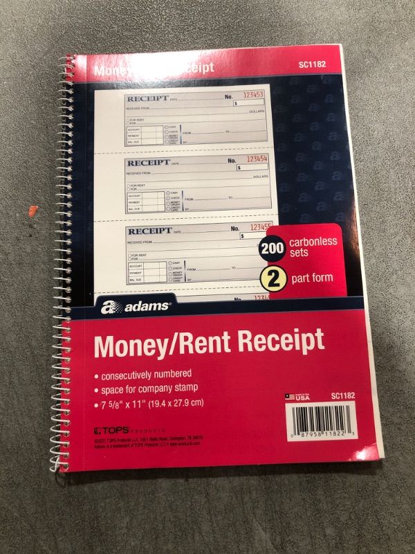 Photo 1 of Adams(R) Carbonless 2-Part Spiral Money/Rent Receipt Book, 7 5/8in. x 11in, Book of 200 Sets, SC1182