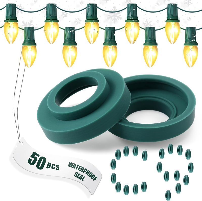 Photo 1 of 50 Pcs C9 Seal Ring Christmas Socket O-Ring Quick Connector Seals Protect C9 String Wire Strings with E17 Bases (Green)
