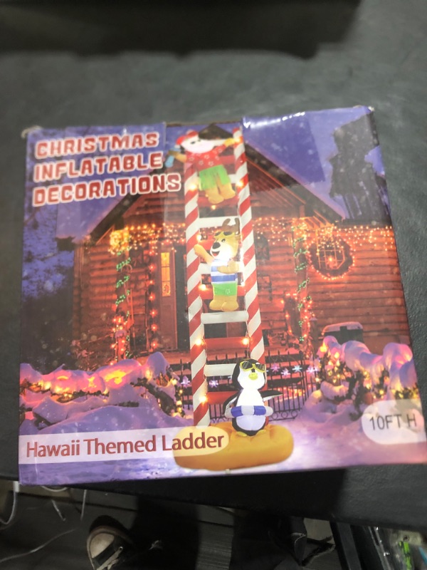 Photo 2 of Joliyoou 10FT Christmas Inflatable Decorations, Hawaii Beach Themed Giant Lighted Ladder Blowups Climbed with Penguin, Reindeer, Santa, C7 String Lights for Xmas Holiday Decor