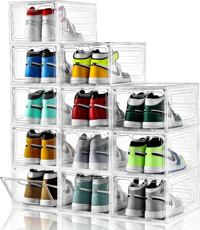 Photo 1 of 12 Pack Shoe Storage Boxes, Stackable Clear Boxes With Doors, Organizer Containers For Sneakers - Fit US Men's/Women's Size 12 (13.4"x 9.8"x 7.1")
