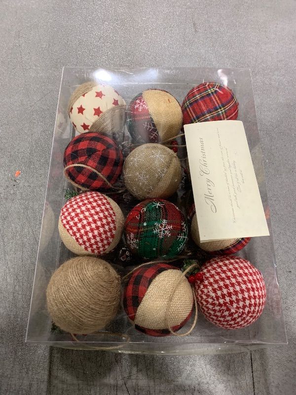 Photo 2 of 12 Pcs Burlap Christmas Ball Ornaments, 3.15 Inches Rustic Buffalo Plaid Christmas Tree Ornaments, Natural Jute Farmhouse Decorations for Xmas Tree, Holiday, Party