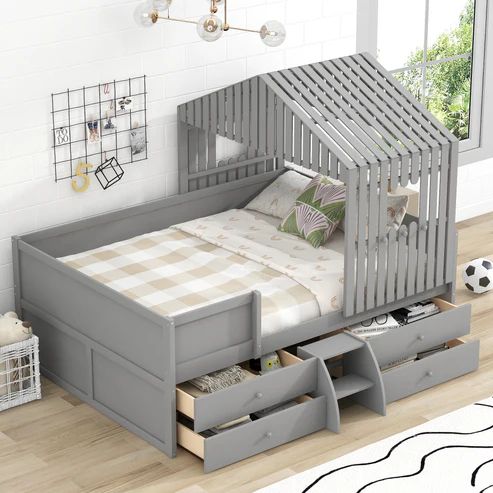 Photo 1 of BOTH BOXES IN SET, Full Size House Low Loft Bed With Four Drawers,Gray Box Spring Not Required Gray Wood Pine