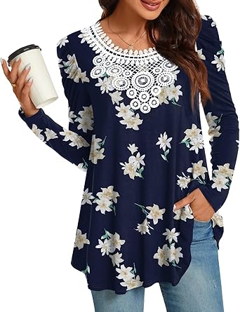 Photo 1 of CATHY Women Tunic Tops Long Sleeve Fall Casual Fashion Crochet Lace T-shirt Pleated Fit Blouses 2XL
