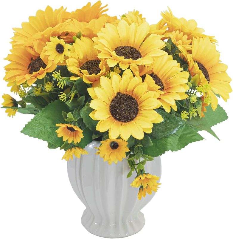 Photo 1 of Artificial Sunflower Bouquet, Vibrant Yellow Sunflower in a Ceramic Vase for Home Office Desktop Decoration
