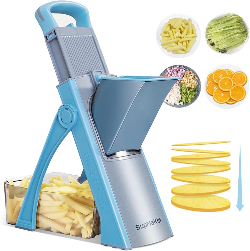 Photo 1 of SUPMAKIN Upgrade Safe Mandoline Slicer Plus, Adjustable Potato Slicer, Vegetable Chopper Food Slicer, Fries Cutter, Veggie Salad Chopper Kitchen Chopping Artifact Christmas Gifts(Blue)
