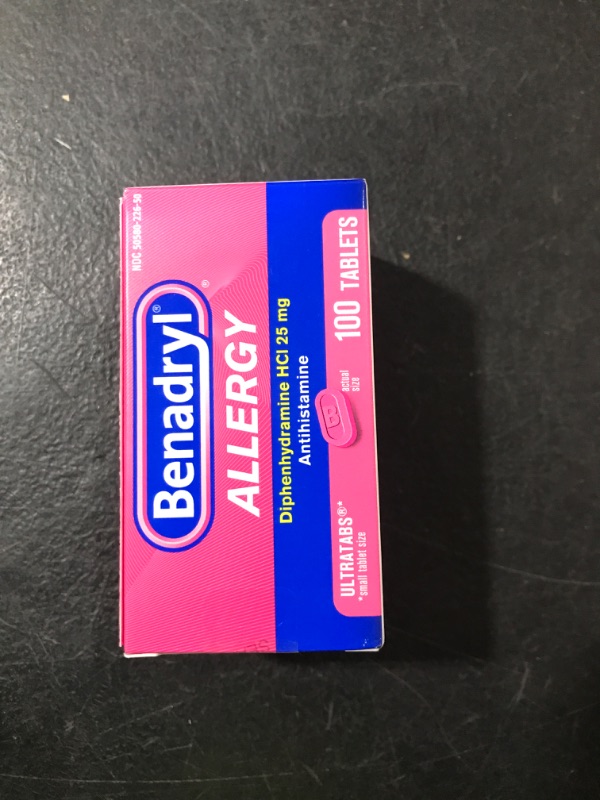 Photo 1 of Benadryl Ultratabs Antihistamine Allergy Relief Medicine, Diphenhydramine HCl Tablets for Relief of Cold & Allergy Symptoms Such as Sneezing, Runny Nose, & Itchy Eyes & Throat, 100 ct