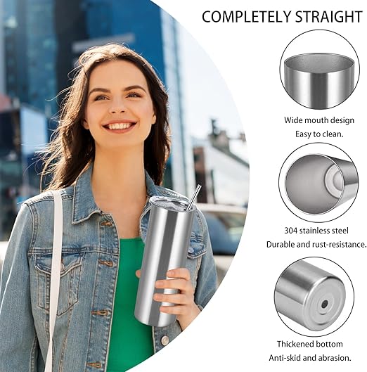 Photo 1 of  20 Oz Straight Skinny Tumblers,Individually Gift Boxed Stainless Steel Slim Skinny Tumbler Set Bulk, 20 Oz Insulated Slim Thin Travel Tumbler Cup for Diy, Silver