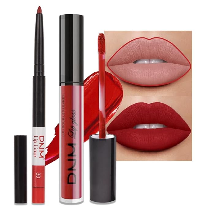 Photo 1 of 2pcs Matte Ruby Red Lip Liner and Lipstick Makeup Set, Berry Colored Lipstick 24H and Lip Liner Set Matt Ink Liquid Lips Make Up Waterproof Long Lasting High Impact Color Lip Gloss Set (#30)