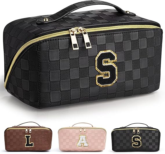 Photo 1 of TOPEAST Travel Makeup Bag, Personalized Checkered Cosmetic Bag Initial Make Up Bags Pouch Open Flat Waterproof Leather Toiletry Bag Organizer with Strap Divider, Friendship Gift for Women Girls, S