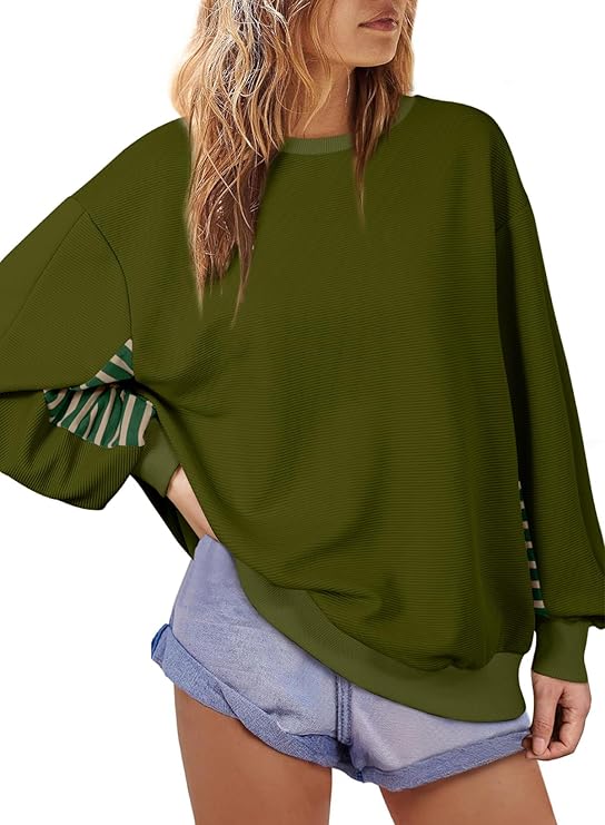 Photo 1 of AlvaQ Womens Oversized Sweatshirt 2024 Casual Loose Colorblock Striped Long Sleeve Crewneck