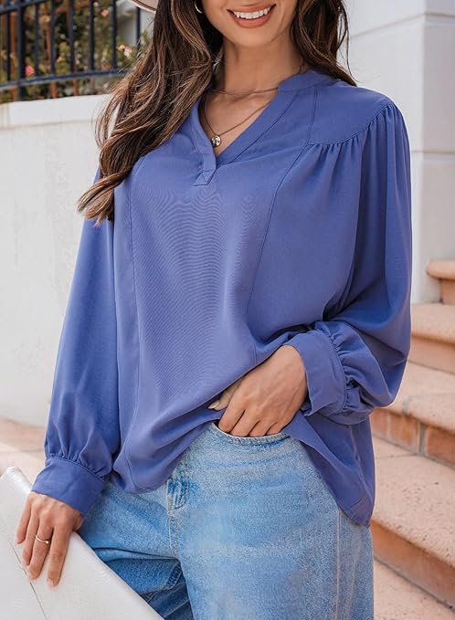 Photo 1 of S  Dokotoo Womens Blouses Tops for Women Trendy V Neck Smocked Blouses for Women Dressy Casual Long Sleeve Shirts for Women