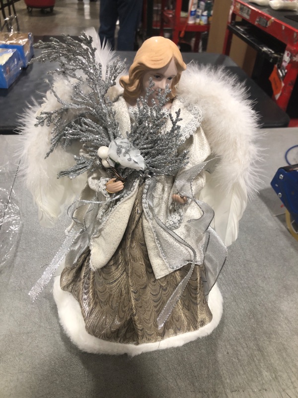 Photo 2 of ARCCI Christmas Angel Tree Topper with White Wings - 16 Inch Brown & Silver Xmas Angel Treetop Ornament Decoration