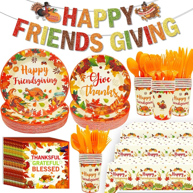 Photo 1 of 189Pcs Thanksgiving Party Supplies Thanksgiving Plates And Napkins Thanksgiving Plates Disposable Happy Friendsgiving Banner for Thanksgiving Decorations Friendsgiving Decorations
