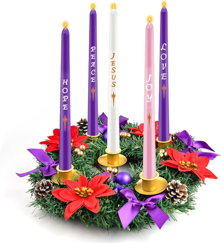 Photo 1 of 12 Inch Christmas Advent Wreath 5 Candle Holder with Metal Candle Cups for Taper Candles Fire Retardant Centerpiece Decorations for Table Indoor Home Church(No Candles)
