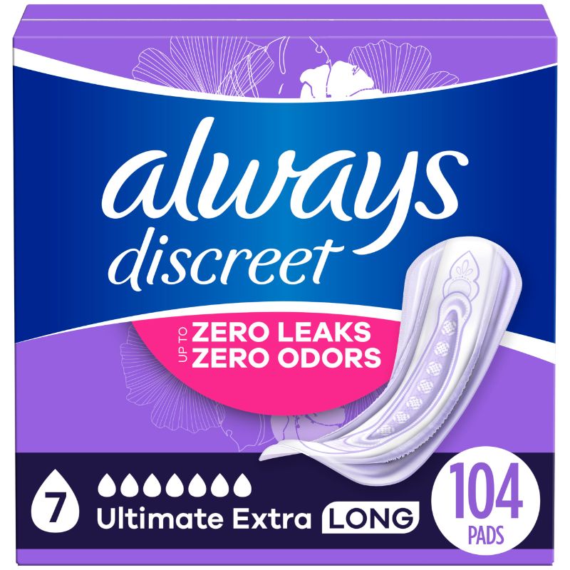 Photo 1 of Always Discreet Adult Incontinence Pads for Women, Ultimate Extra Protect Absorbency, Long Length, Postpartum Pads,  7 Drop Base Pads 26CT 
